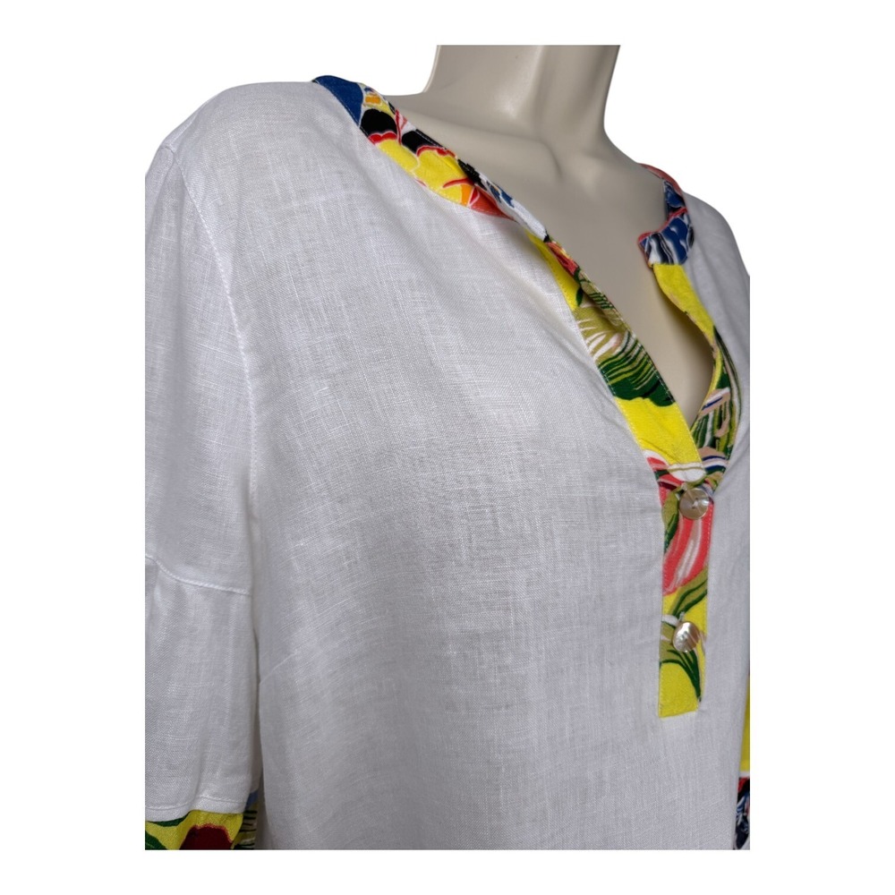 John Mark Linen Top Womens Medium White Tropical Floral 3/4 Sleeve Beach Summer - Picture 3 of 11
